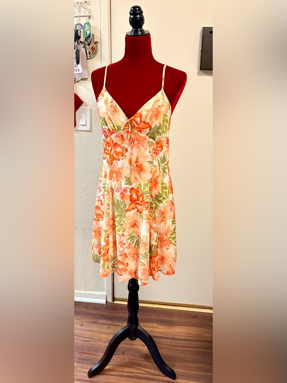 Floral Spaghetti-Strap Sundress in Peach and Green